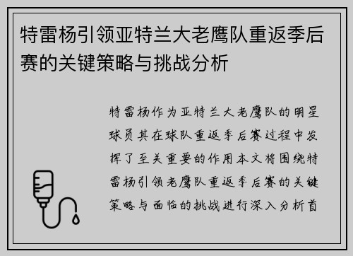 特雷杨引领亚特兰大老鹰队重返季后赛的关键策略与挑战分析