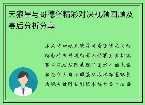 天狼星与哥德堡精彩对决视频回顾及赛后分析分享